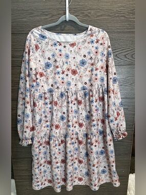 SHEIN Cream Floral Tiered Long-Sleeve Midi Dress with Pink & Blue Flowers